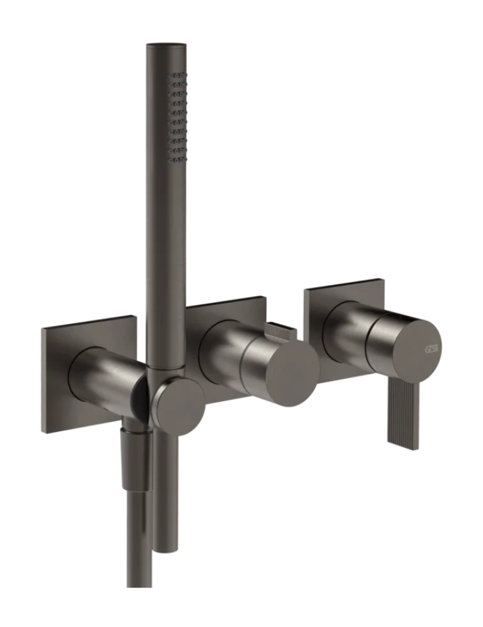 Cмеситель для душа Gessi Inverso, встраиваемый, настенный, на 2 выхода, с переключателем и ручным душем, внешняя часть, цвет Black Metal Brushed  PVD