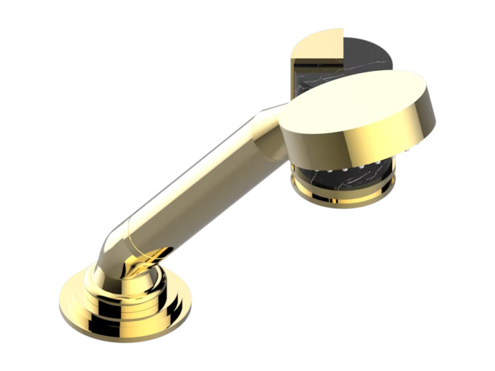 На изображении товар Смеситель THG Le 9 Nero Marquina, на борт ванны, на 2 отверстия, с ручным душем, цвет глянцевое золото от официального представителя в Москве