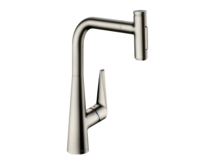 На изображении товар Смеситель для кухни Hansgrohe Talis Select M51, ComfortZone 300, однорычажный, 2 типа струи, выдвижной излив, цвет Сталь от официального представителя в Москве