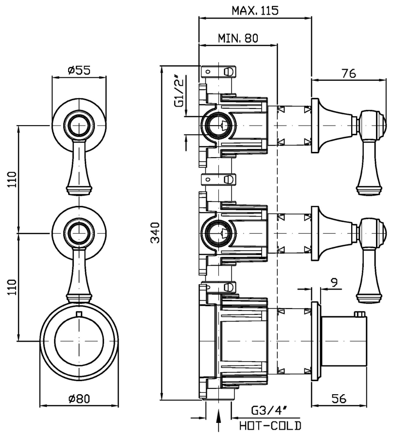 Термостат для душа Zucchetti Agora, встраиваемый, на 3/4", с 2-я запорными вентилями, вертикально/горизонтальная установка, внешняя часть, цвет хром - изображение 1