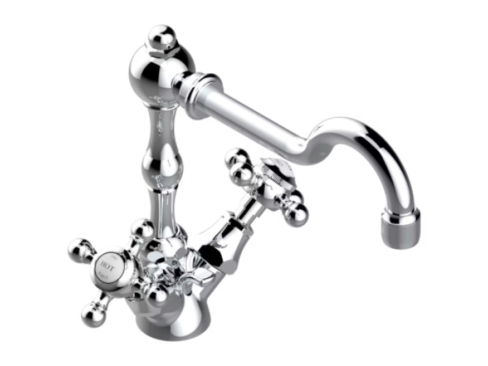 На изображении товар Смеситель для раковины THG 1900, двухвентильный, на 1 отверстие, с донным клапаном, цвет хром от официального представителя в Москве