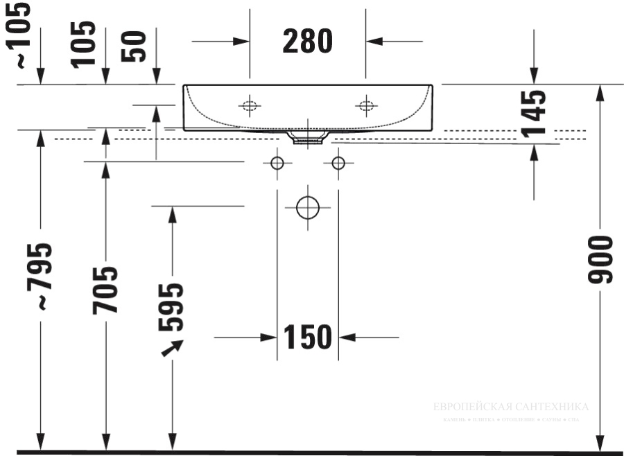 Раковина Duravit DuraSquare компакт, с шлифованным низом, 600x400 мм, без перелива, с 1 отверстием под смеситель, цвет белый - изображение 6