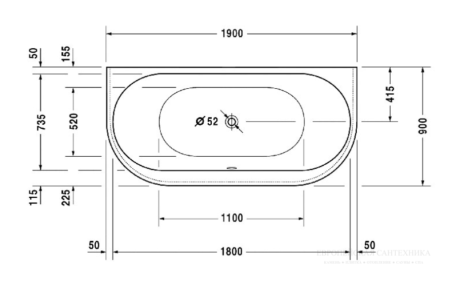 Ванна пристенная Duravit Darling New, 1900 х 900 мм, закругление справа и слева, акриловая, цвет белый - изображение 3