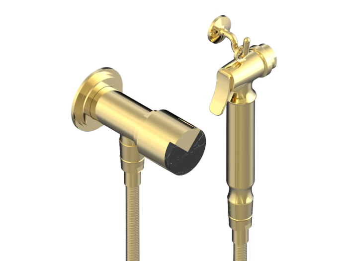 На изображении товар Гигиенический душ THG Le 9 Nero Marquina, лейка с клапаном, армированный шланг 1250 мм, крючок для лейки, цвет глянцевое золото от официального представителя в Москве