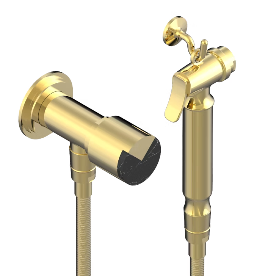 Гигиенический душ THG Le 9 Nero Marquina, лейка с клапаном, армированный шланг 1250 мм, крючок для лейки, цвет глянцевое золото