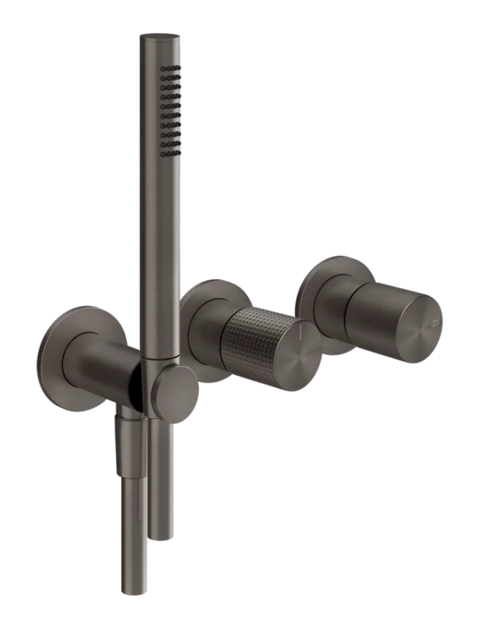 Cмеситель для душа Gessi Habito, встраиваемый, на 2 выхода, c переключателем, лейкой, шлангом, шланговым подсоединением со встроенным держателем лейки, внешние части, цвет Black Metal Brushed PVD
