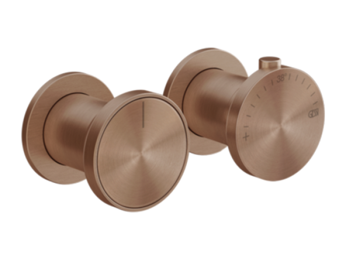 На изображении товар Термостат Gessi Origini, встраиваемый, дивертор на 3 позиции, внешняя часть, цвет Copper Brushed PVD от официального представителя в Москве
