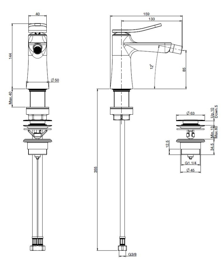 Смеситель для биде Carlo Frattini Flo, XS, с 2 гибкими шлангами, донным клапаном Click-Clack 1"1/4, Н-144 мм, цвет никель брашированный - изображение 3