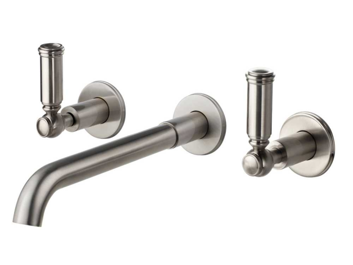 На изображении товар Смеситель для раковины Bossini Liberty на 3 отверстия, настенный, без донного клапана, скрытая часть в комплекте, цвет никель шлифованный от официального представителя в Москве