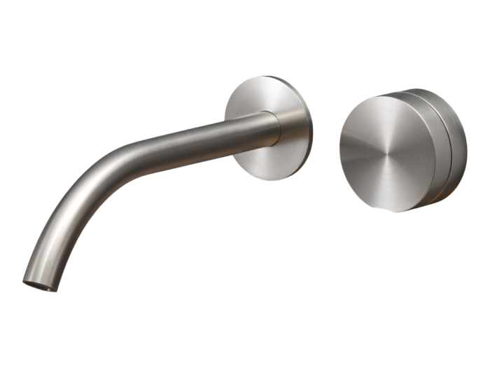 На изображении товар Смеситель для раковины CeaDesign Giotto Plus, настенный, на 2 отверстия, излив L. 220 мм, внешняя часть, сталь, цвет сатинированная сталь от официального представителя в Москве