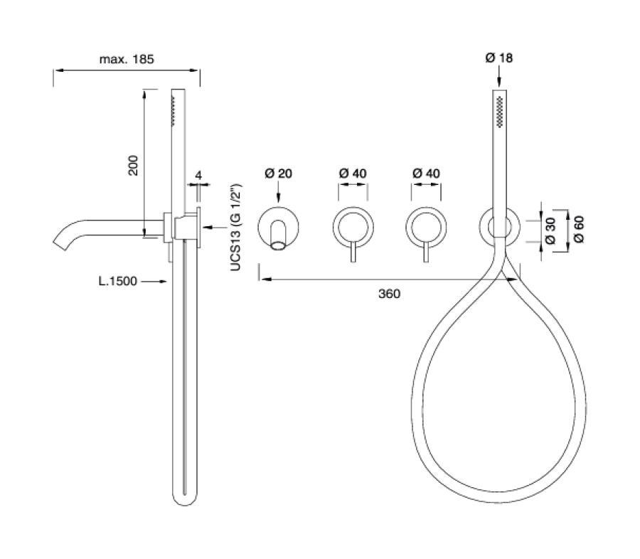 Смеситель CeaDesign Milo360, настенный, на 4 отверстия, излив, с ручным душем Ø18 мм, шланг в цвете Quartz Grey, внешняя часть, цвет сталь сатинированная - изображение 1