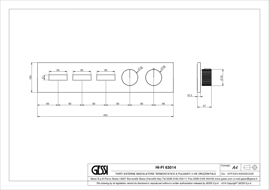 Термостат Gessi HI-FI, до 3 функций одновременно, с кнопками вкл/выкл, внешняя часть, ширина 455 мм, цвет Gold PVD - изображение 1