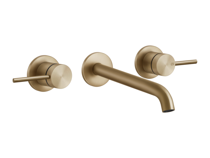 На изображении товар Смеситель для раковины Gessi 316, встраиваемый, с длинным изливом, настенный, цвет Warm Bronze Brushed PVD от официального представителя в Москве