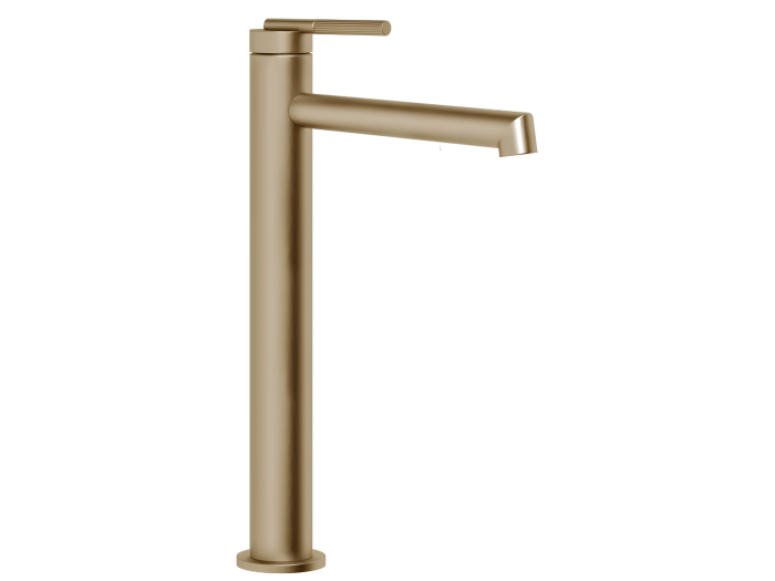 На изображении товар Смеситель для раковины Gessi Ingranaggio, высокий, длинный излив, без донного клапана, соединительные шланги, цвет Warm Bronze Brushed PVD от официального представителя в Москве