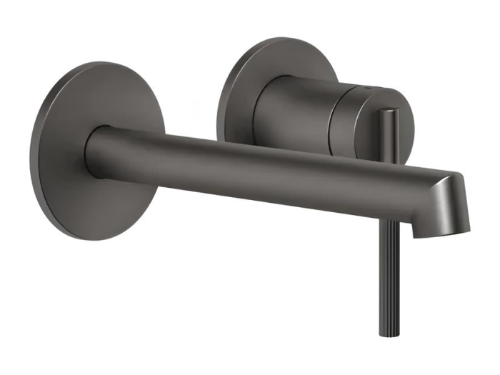 На изображении товар Смеситель для раковины Gessi Ingranaggio, настенный, с коротким изливом, без донного клапана, внешние части, цвет Black Metal Brushed PVD от официального представителя в Москве