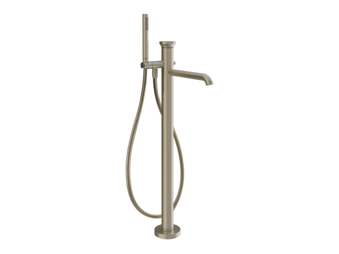 На изображении товар Смеситель для ванны Gessi Origini, напольный, с душевой лейкой, внешняя часть, цвет Finox Brushed Nickel от официального представителя в Москве