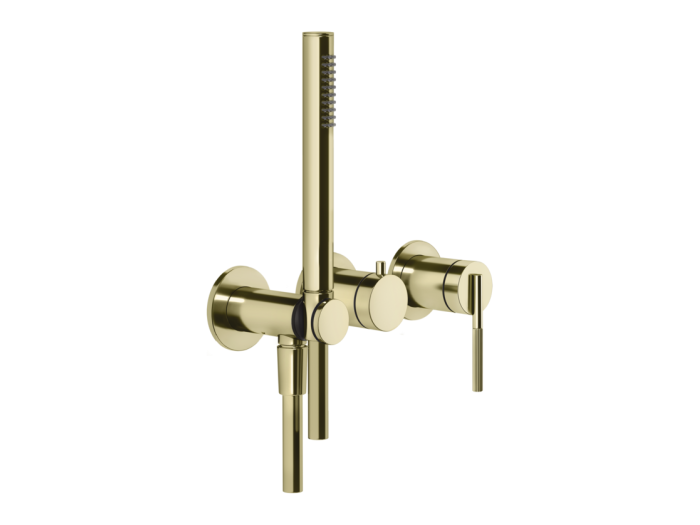 На изображении товар Смеситель для ванны Gessi Ingranaggio, настенный, на 2 потребителя, с ручным душем, встраиваемый, цвет Brass PVD от официального представителя в Москве