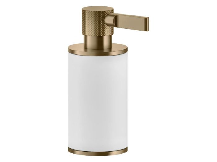 На изображении товар Дозатор Gessi Inciso, ø75х191 мм, настольный, цвет White/Warm Bronze Brushed PVD от официального представителя в Москве