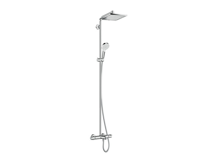 На изображении товар Душевая система Hansgrohe Crometta E 240 1jet Showerpipe: смеситель с изливом, душевая стойка с верхним душем, лейка ручная, держатель, шланг, цвет хром от официального представителя в Москве