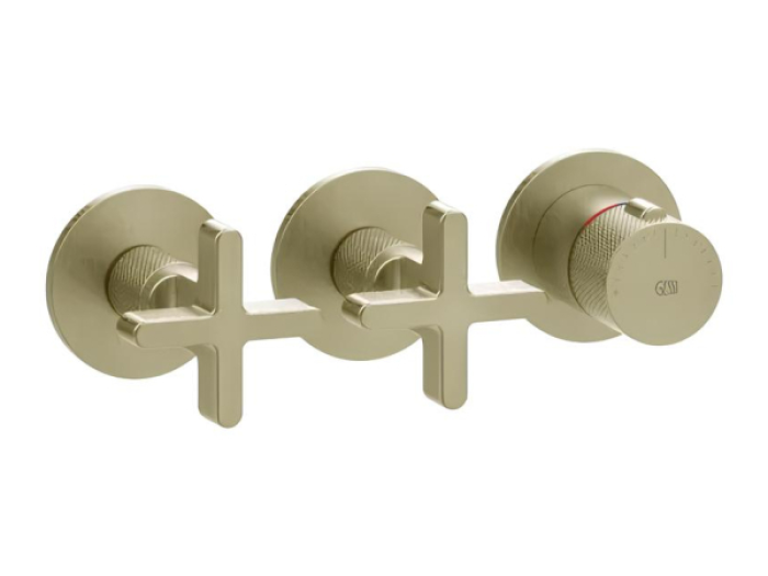 На изображении товар Термостат Gessi Inciso, встраиваемый, с 2 независимыми выходами, внешние части, цвет Brushed Brass PVD от официального представителя в Москве