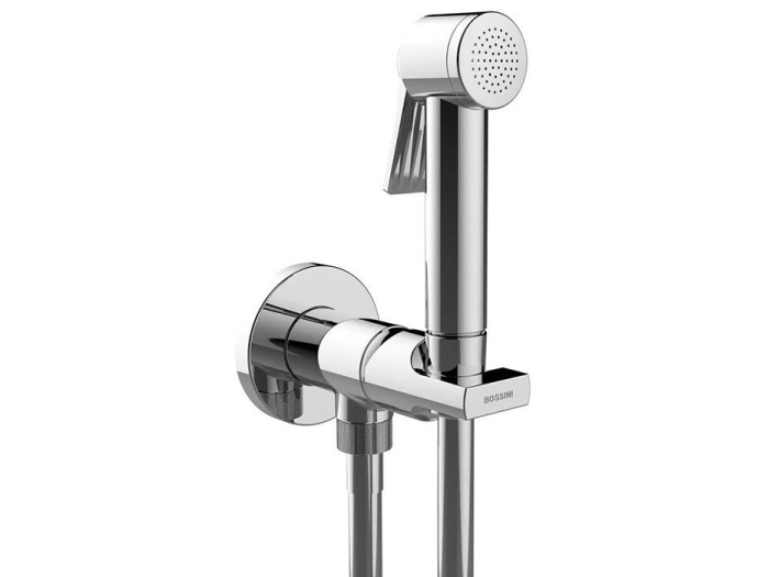На изображении товар Гигиенический комплект Bossini Mono Paloma Brass Mixer Set : смеситель монокомандный, душ с кнопкой подачи воды, шланг 1250 мм, хром от официального представителя в Москве