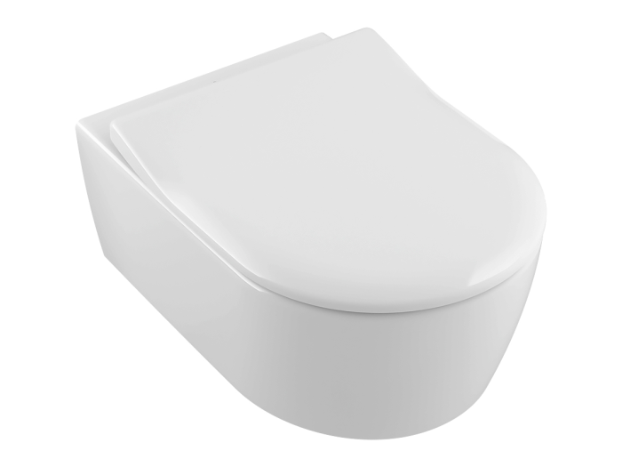 На изображении товар Унитаз Villeroy&Boch Avento комби упаковка, подвесной, с вертикальным смывом,  с сиденьем  для унитаза, цвет Альп. белый CeramicPlus от официального представителя в Москве