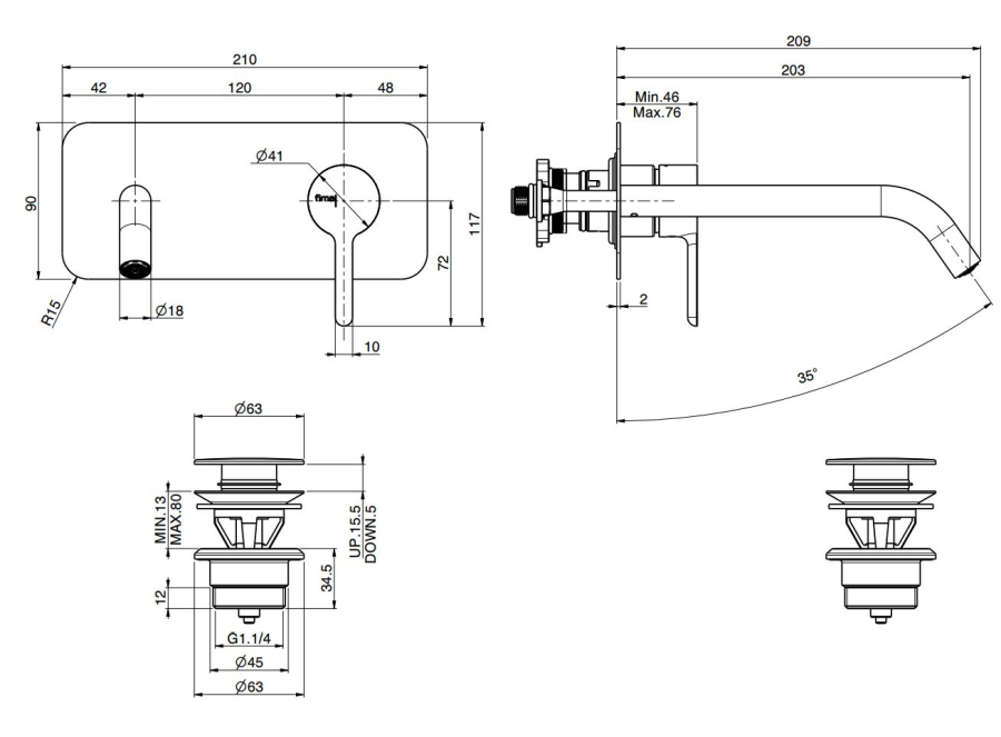 Смеситель для раковины Carlo Frattini Snap, настенный, однорычажный, с донным клапаном Click-Clack, излив 200 мм, внешняя часть, цвет хром - изображение 3