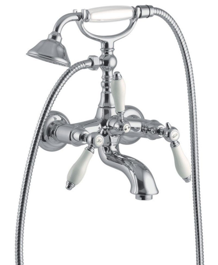 Смеситель для ванны Carlo Frattini Herend, с душевым комплектом, шлангом из латуни 1500 мм, керамическими ручками, Н-307 мм, цвет никель брашированный