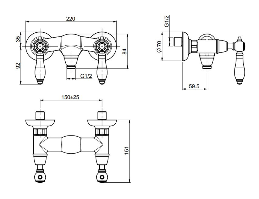 Смеситель для душа Carlo Frattini Herend, с керамическими ручками, без ручного душа, 2 подвода воды 1/2" с эксцентриком, Н-127 мм, цвет бронза античная - изображение 1