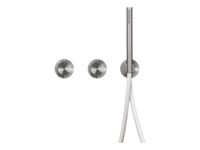 На изображении товар Термостат CeaDesign Milo360, настенный, на 3 отверстия, переключатель на 2/3, ручной душ 18 мм, шланг в цвете Cobalt blue, внешняя часть, цвет Black Diamond сатинированный от официального представителя в Москве