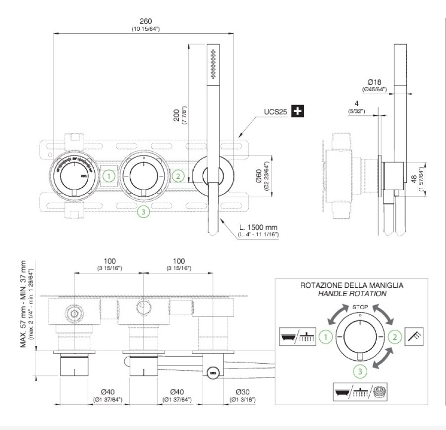 Термостат CeaDesign Milo360, настенный, на 3 отверстия, переключатель на 2/3, ручной душ 18 мм, шланг в цвете Cobalt blue, внешняя часть, цвет Black Diamond сатинированный - изображение 1
