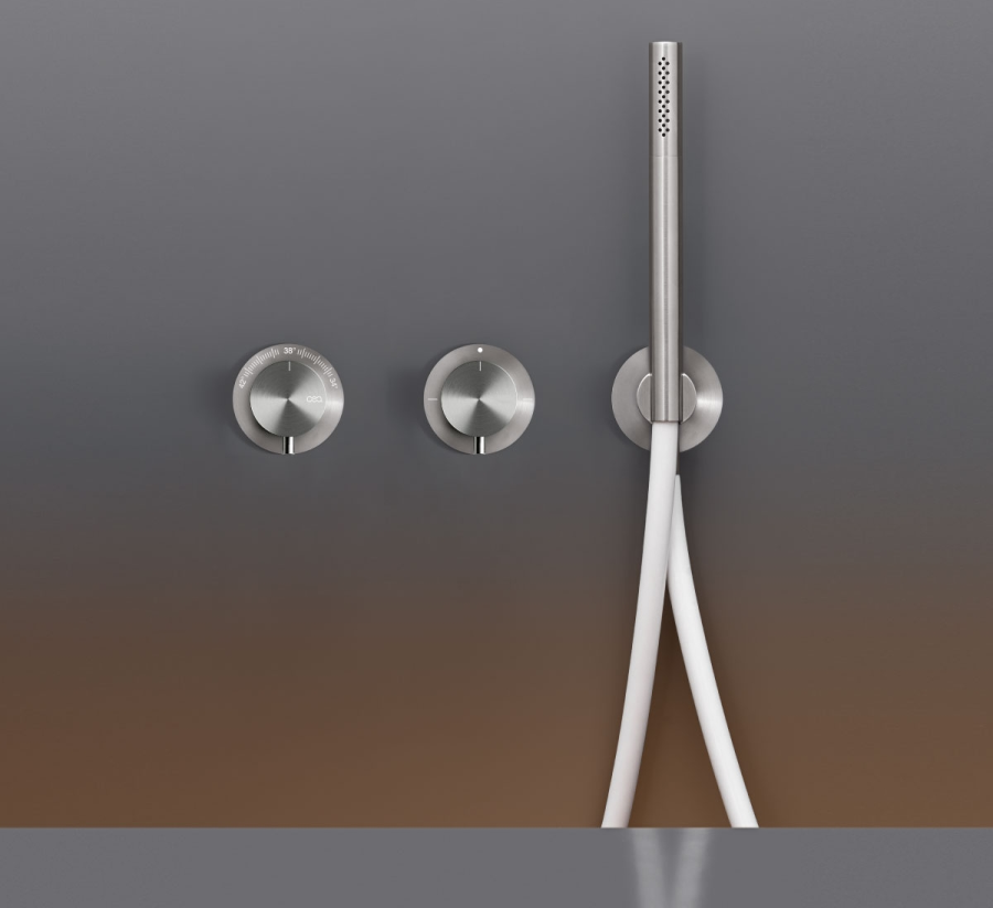 Термостат CeaDesign Milo360, настенный, на 3 отверстия, переключатель на 2/3, ручной душ 18 мм, шланг в цвете Cobalt blue, внешняя часть, цвет Black Diamond сатинированный