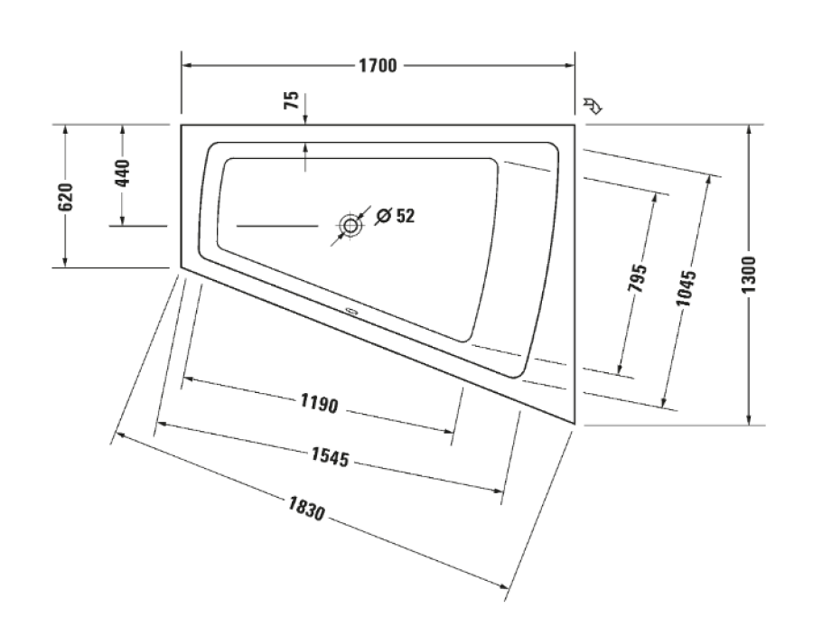 Ванна Duravit Paiova встраиваемая, 1700x1300 мм, гидромассаж Combi-System P, наклон для спины справа, цвет белый - изображение 1