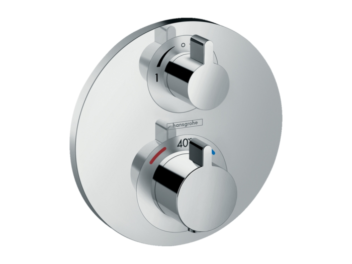 На изображении товар Термостат Hansgrohe Ecostat S, с запорным/переключающим вентилем, внешняя часть, цвет хром от официального представителя в Москве