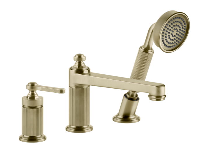 На изображении товар Смеситель для ванны Gessi Venti20, с изливом, дивертором, выдвижным ручным душем, цвет Brushed Brass PVD от официального представителя в Москве