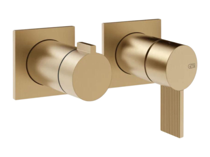 На изображении товар Смеситель для душа Gessi Inverso, настенный, на 2 выхода, внешняя часть, ширина 165 мм, цвет Warm Bronze Brushed PVD от официального представителя в Москве