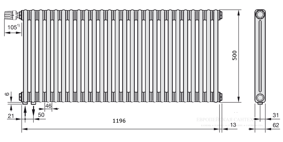 Радиатор отопления Zehnder Charleston 2-трубчатый 2050-26 секций 492x1222x62 , нижнее подключение V001, белый Ral 9016 - изображение 2