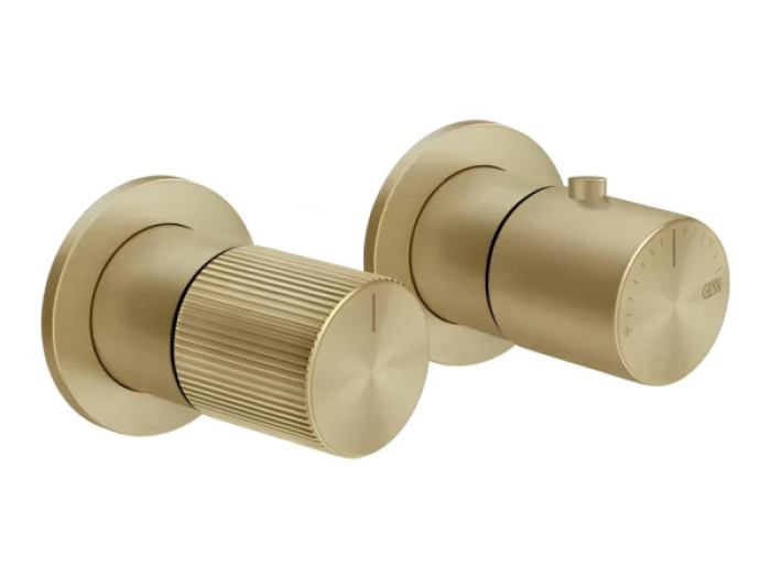 На изображении товар Термостат для душа Gessi Habito, встраиваемый, на 3 позиции, внешние части, цвет Brushed Brass PVD от официального представителя в Москве