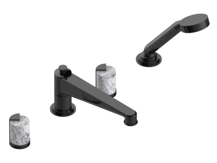 На изображении товар Смеситель THG Le 9 Howlite, на борт ванны, на 4 отверстия, с ручным душем, удлинённый излив, цвет Brown bronze PVD от официального представителя в Москве