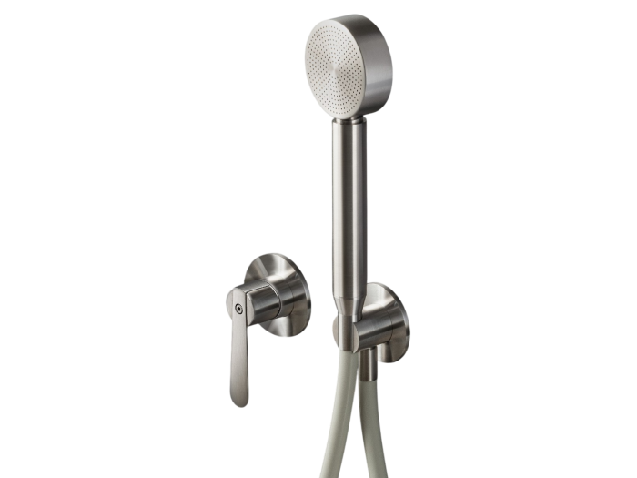 На изображении товар Смеситель для душа CEA Design Lutezia Plus, настенный, на 2 отверстия, ручной душ Ø 70 мм, внешняя часть, цвет сатинированная сталь от официального представителя в Москве