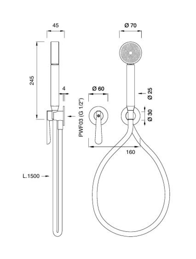 Смеситель для душа CEA Design Lutezia Plus, настенный, на 2 отверстия, ручной душ Ø 70 мм, внешняя часть, цвет сатинированная сталь - изображение 2