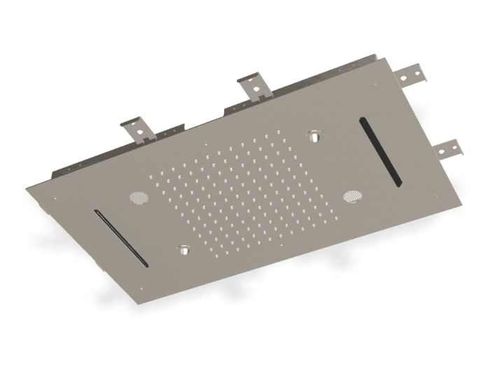 На изображении товар Верхний душ Carlo Frattini Harmonia, потолочный, с защитой от известкового налёта, с LED подсветкой для хромотерапии, пультом, аудио/bluetooth, 700x400 мм, цвет никель брашированный от официального представителя в Москве