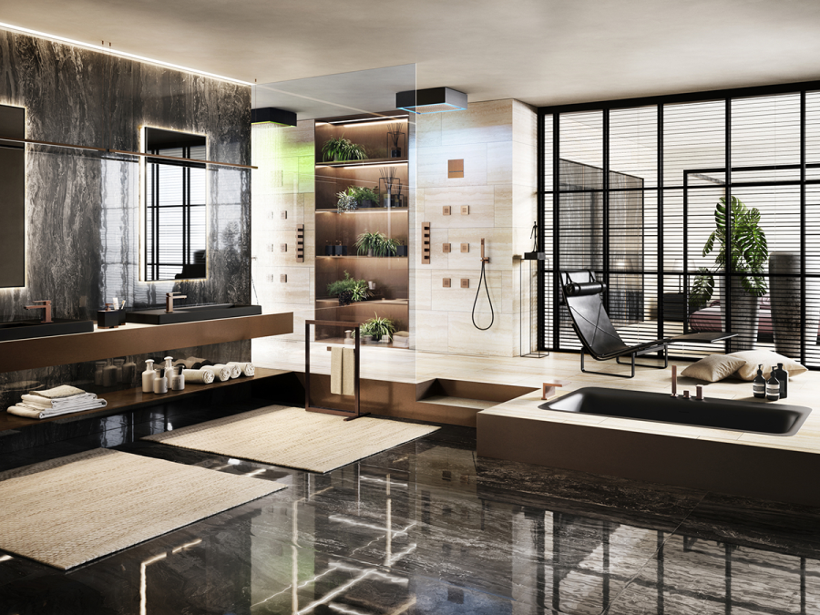 Смеситель для ванны Gessi Rettangolo, на 3 отверстия, с отводом и выдвижным ручным душем, цвет Finox Brushe - изображение 1