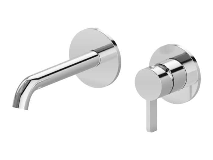 На изображении товар Cмеситель для раковины Newform Blink, встраиваемый, настенный, однорычажный, на 2 отверстия, излив 161 мм, без донного клапана, внешняя часть, цвет хром от официального представителя в Москве