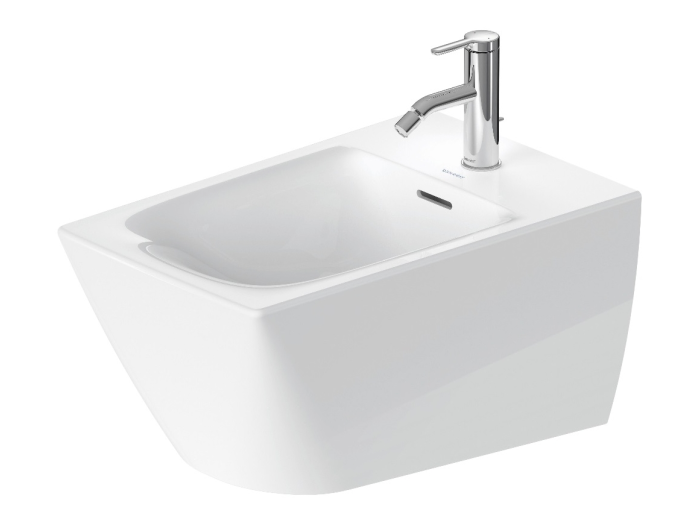 На изображении товар Биде Duravit Viu подвесное 370x570 мм, с переливом, 1 отверстие для смеситель, донный клапан с керамической крышкой. от официального представителя в Москве