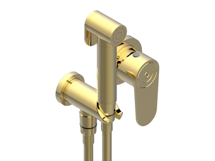 На изображении товар Гигиенический душ THG Zoom.12 в комплекте со встраиваемым смесителем, внешняя часть, цвет Polished gold от официального представителя в Москве