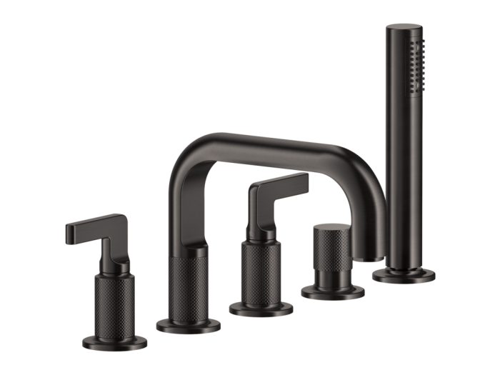На изображении товар Смеситель для ванны Gessi Inciso, на 5 отверстий, с изливом и ручным душем, цвет Black Metal Brushed PVD от официального представителя в Москве