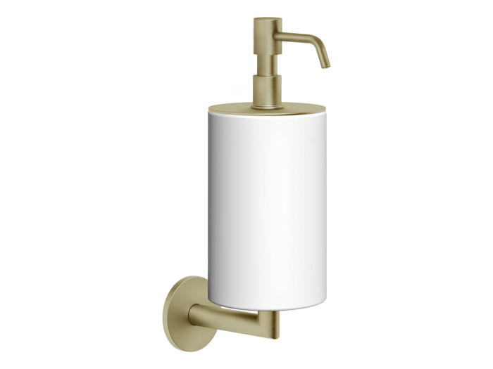 На изображении товар Дозатор Gessi, настенный, белый композитный материал, цвет Brushed Brass PVD от официального представителя в Москве