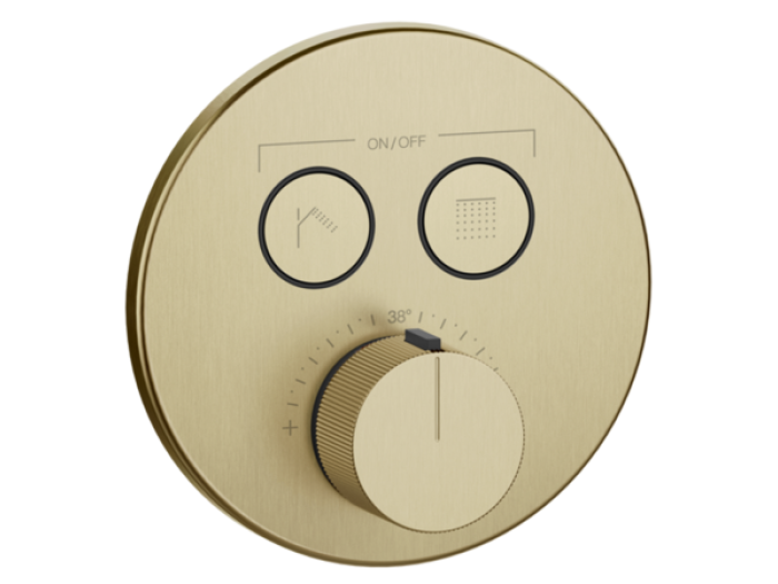 На изображении товар Термостат Gessi HI-FI Comfort, встраиваемый, до 2 функций одновременно, с кнопкой вкл/выкл, диаметр 16 см, внешняя часть, цвет Brushed Brass PVD от официального представителя в Москве