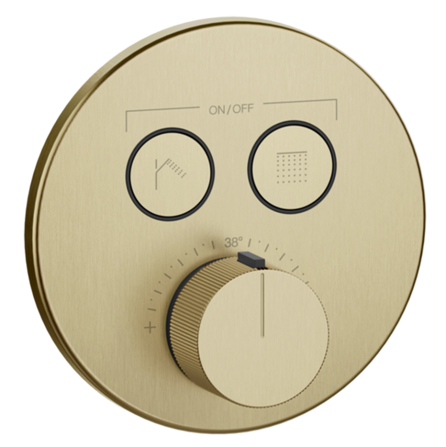 Термостат Gessi HI-FI Comfort, встраиваемый, до 2 функций одновременно, с кнопкой вкл/выкл, диаметр 16 см, внешняя часть, цвет Brushed Brass PVD